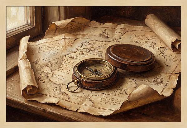 Antique Compass On Old Map