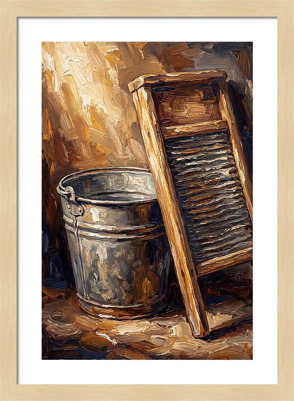Antique Washboard And Zinc Bucket