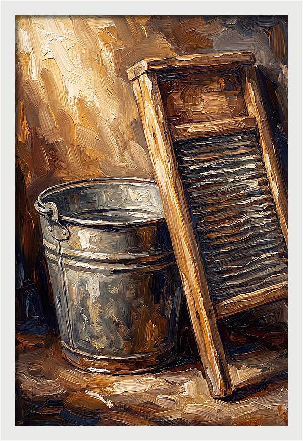 Antique Washboard And Zinc Bucket