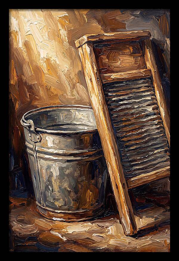 Antique Washboard And Zinc Bucket