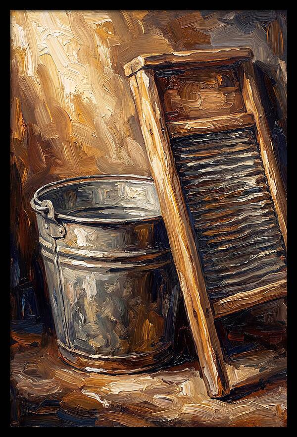 Antique Washboard And Zinc Bucket