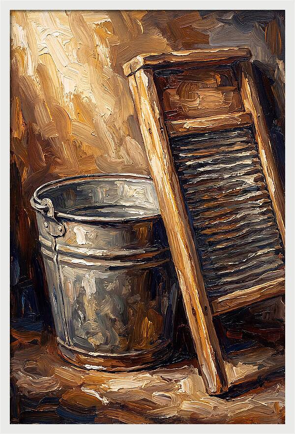 Antique Washboard And Zinc Bucket
