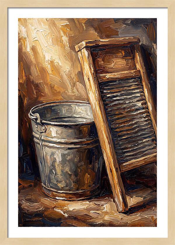 Antique Washboard And Zinc Bucket