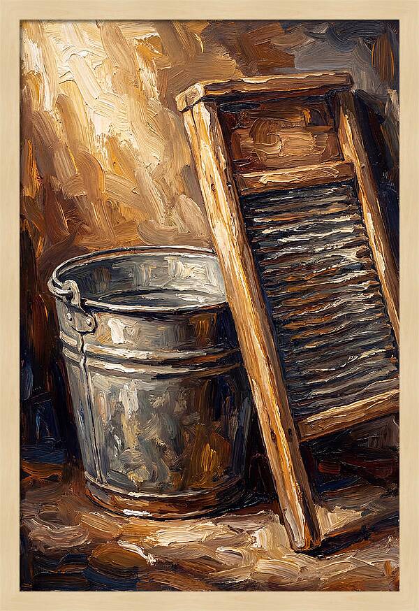 Antique Washboard And Zinc Bucket