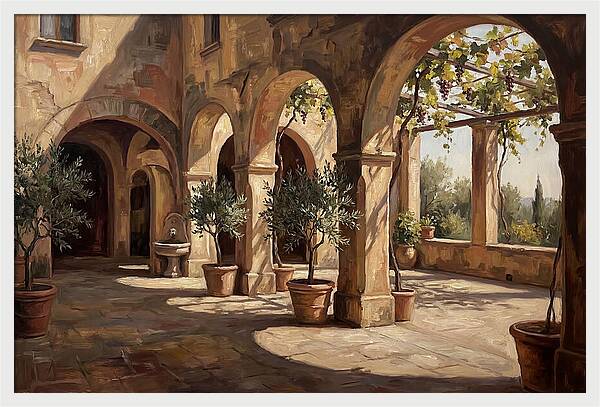 Arched Colonnade Along Quiet Courtyard
