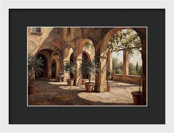Arched Colonnade Along Quiet Courtyard