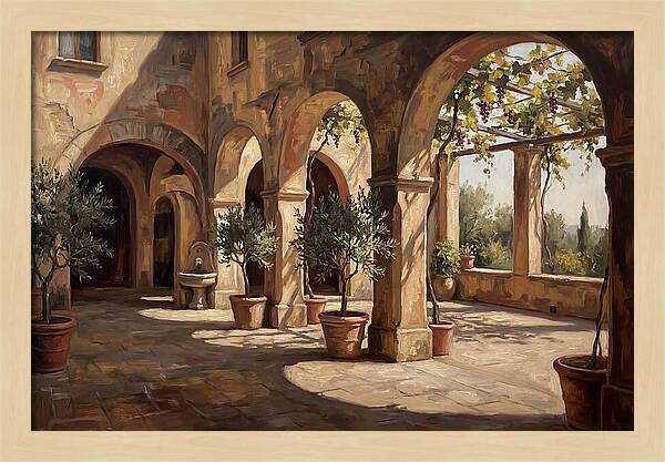 Arched Colonnade Along Quiet Courtyard