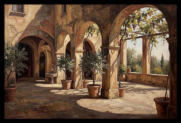 Arched Colonnade Along Quiet Courtyard