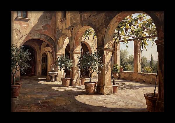 Arched Colonnade Along Quiet Courtyard