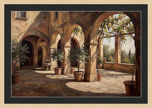 Arched Colonnade Along Quiet Courtyard