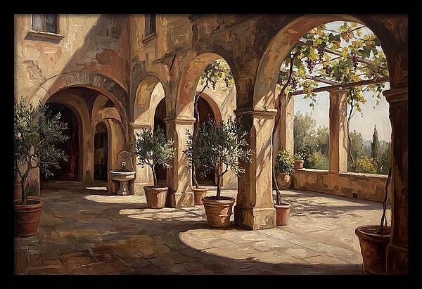 Arched Colonnade Along Quiet Courtyard
