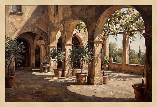 Arched Colonnade Along Quiet Courtyard