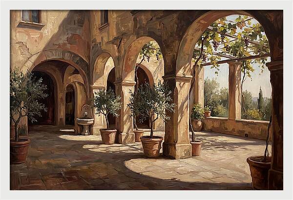 Arched Colonnade Along Quiet Courtyard