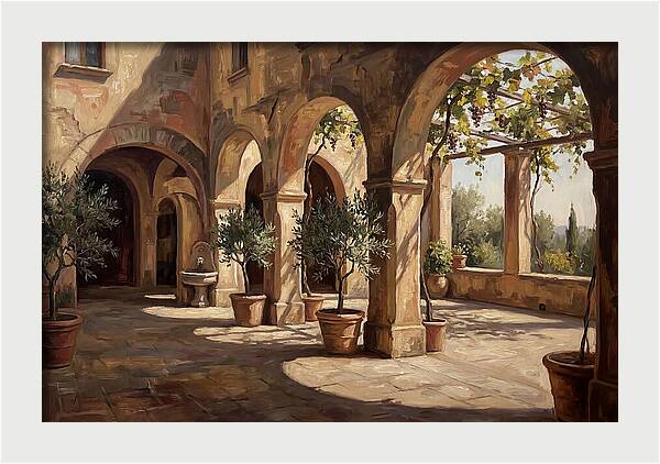 Arched Colonnade Along Quiet Courtyard