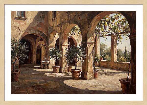 Arched Colonnade Along Quiet Courtyard