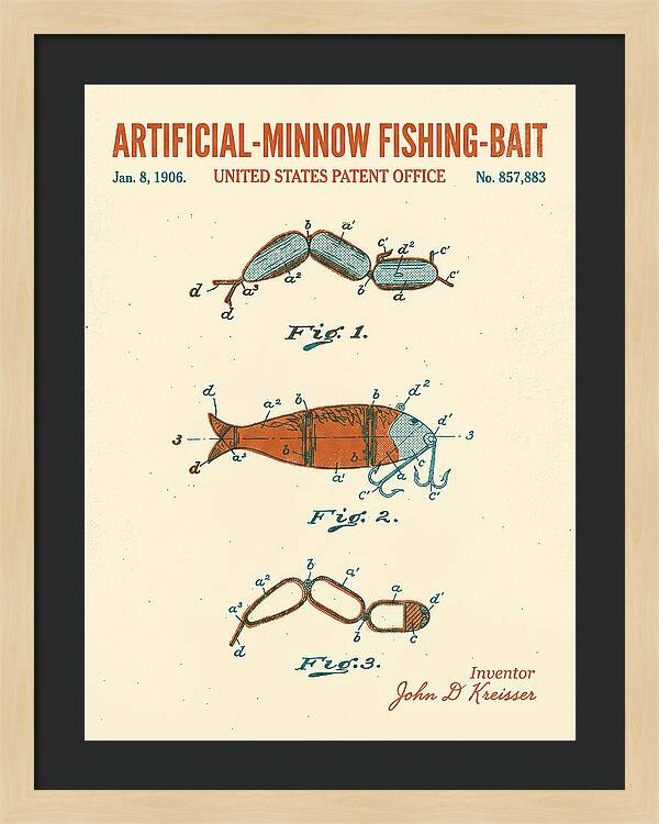 Artificial Minnow Fishing Bait Retro Patent Us857883a