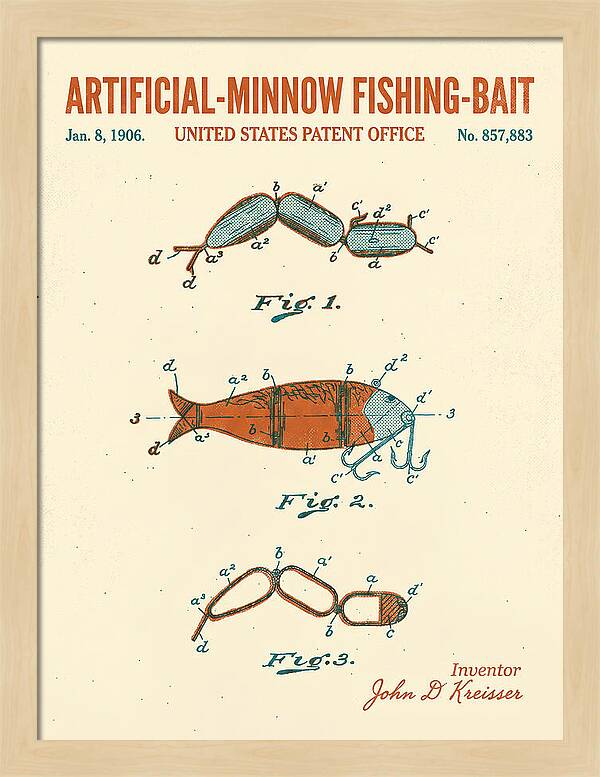 Artificial Minnow Fishing Bait Retro Patent Us857883a