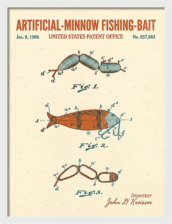 Artificial Minnow Fishing Bait Retro Patent Us857883a