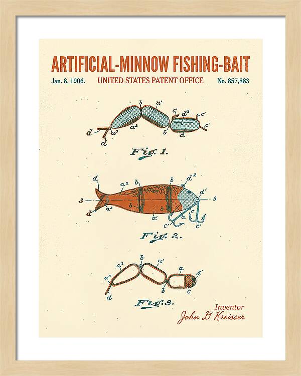 Artificial Minnow Fishing Bait Retro Patent Us857883a