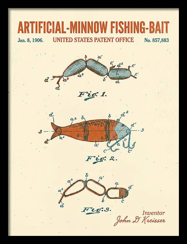 Artificial Minnow Fishing Bait Retro Patent Us857883a