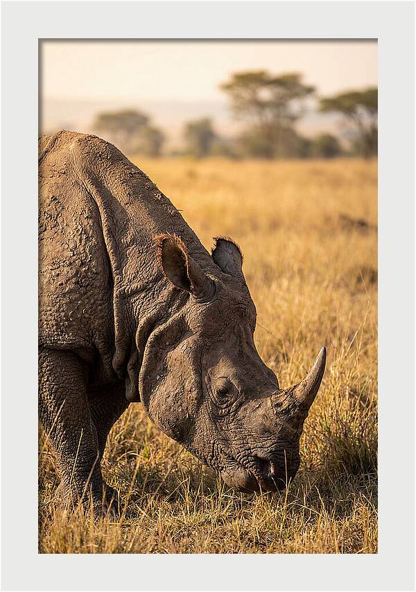 Asian Rhino Grazing In Grassland