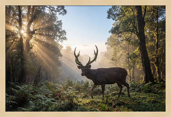 Asian Sambar Deer In Misty Forest