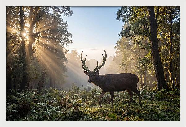 Asian Sambar Deer In Misty Forest