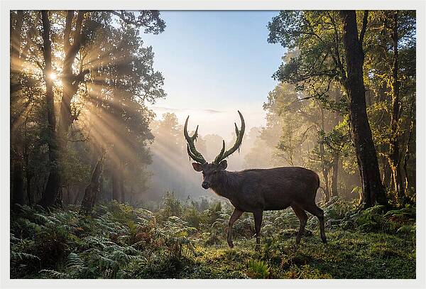 Asian Sambar Deer In Misty Forest