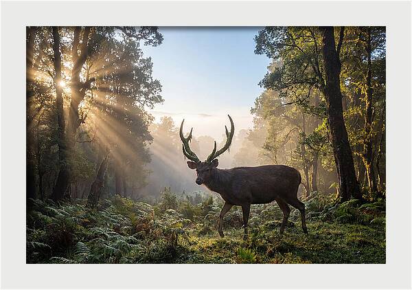 Asian Sambar Deer In Misty Forest