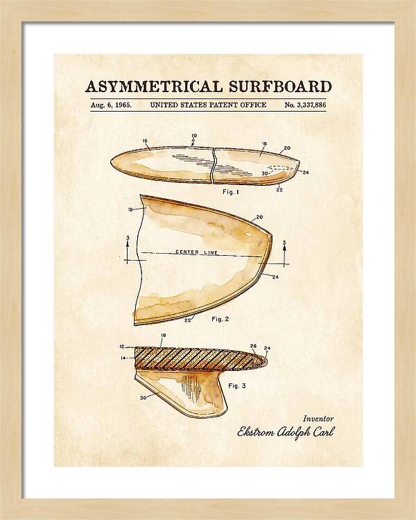 Asymmetrical Surfboard Watercolor Patent Us3337886a