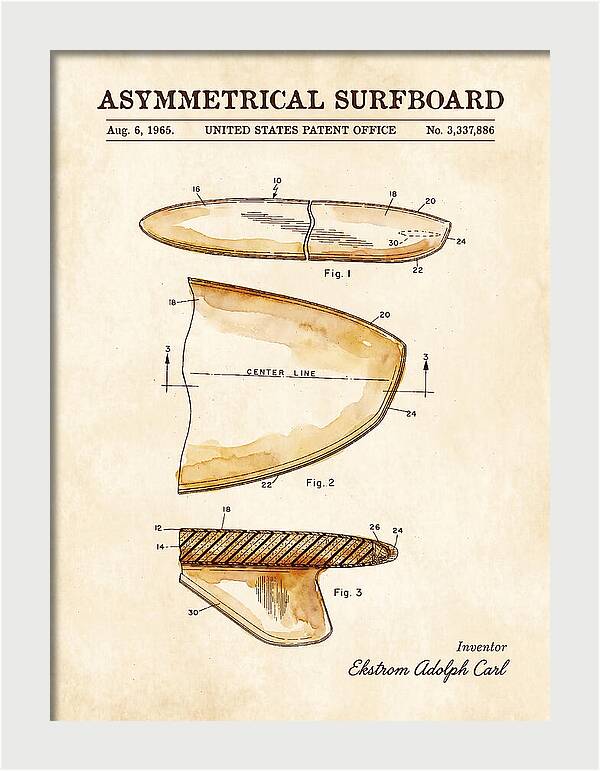 Asymmetrical Surfboard Watercolor Patent Us3337886a