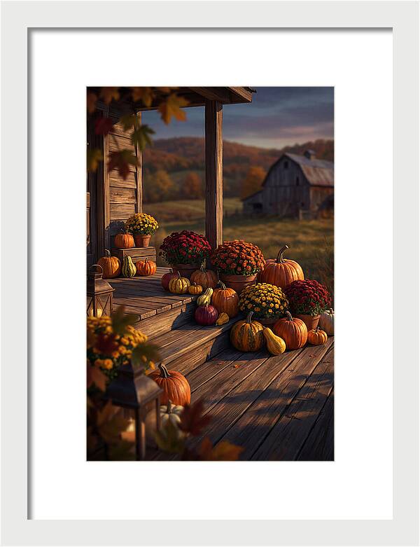 Autumn Pumpkin Display On Farmhouse