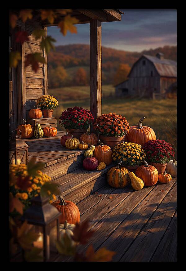 Autumn Pumpkin Display On Farmhouse