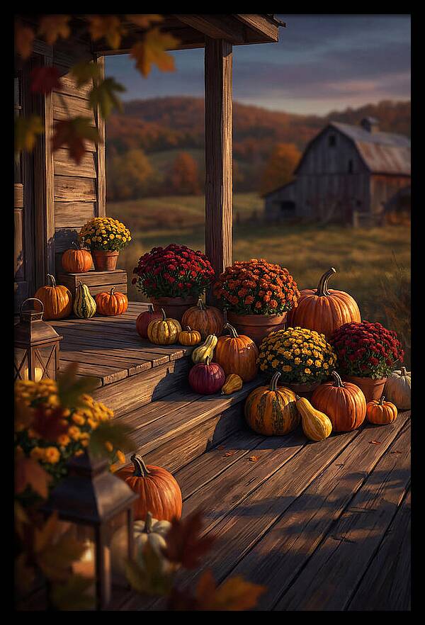 Autumn Pumpkin Display On Farmhouse