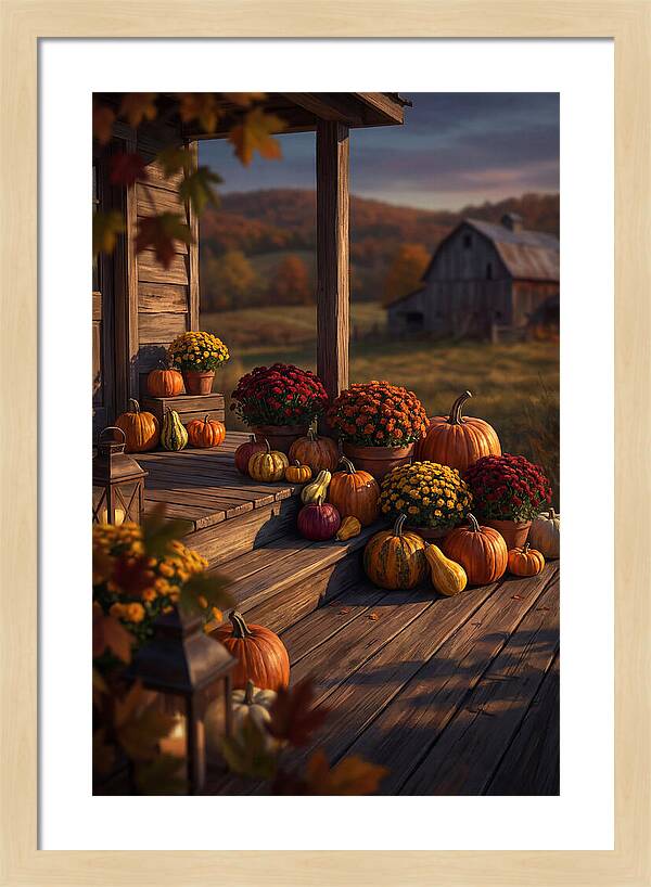 Autumn Pumpkin Display On Farmhouse