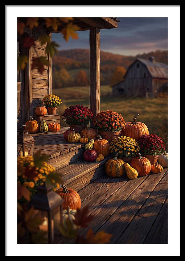 Autumn Pumpkin Display On Farmhouse