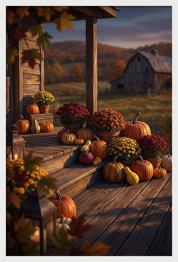 Autumn Pumpkin Display On Farmhouse