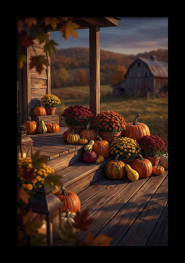 Autumn Pumpkin Display On Farmhouse