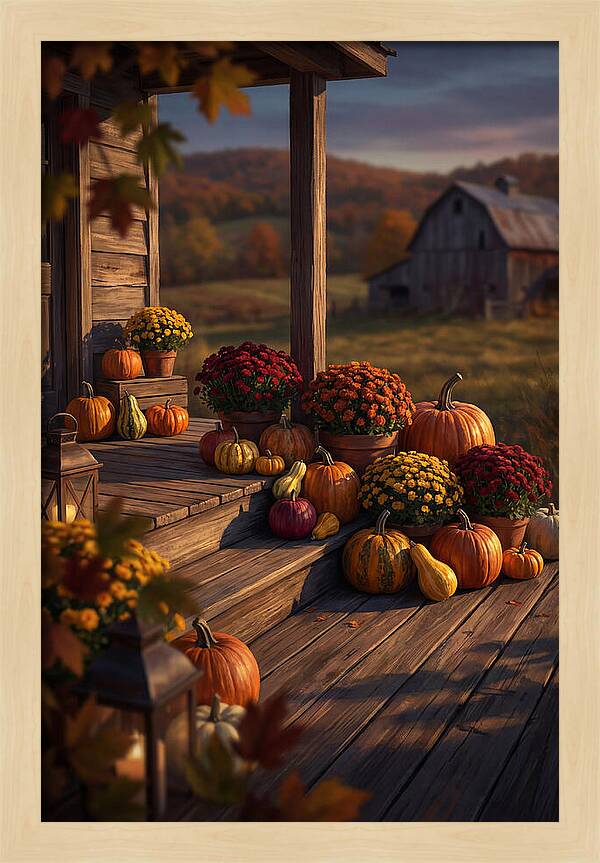 Autumn Pumpkin Display On Farmhouse
