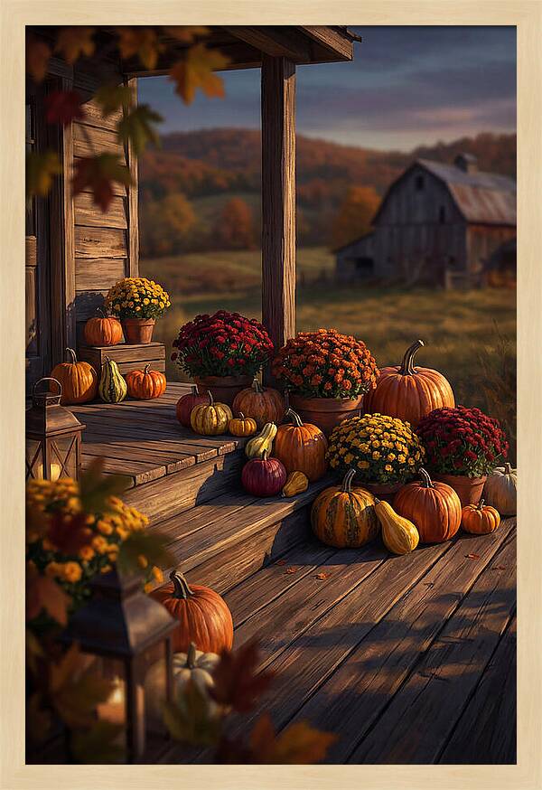 Autumn Pumpkin Display On Farmhouse