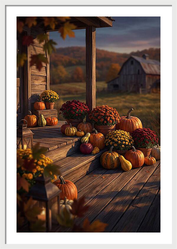 Autumn Pumpkin Display On Farmhouse