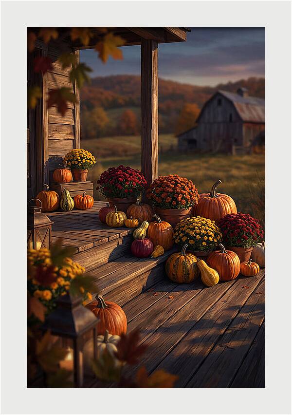 Autumn Pumpkin Display On Farmhouse