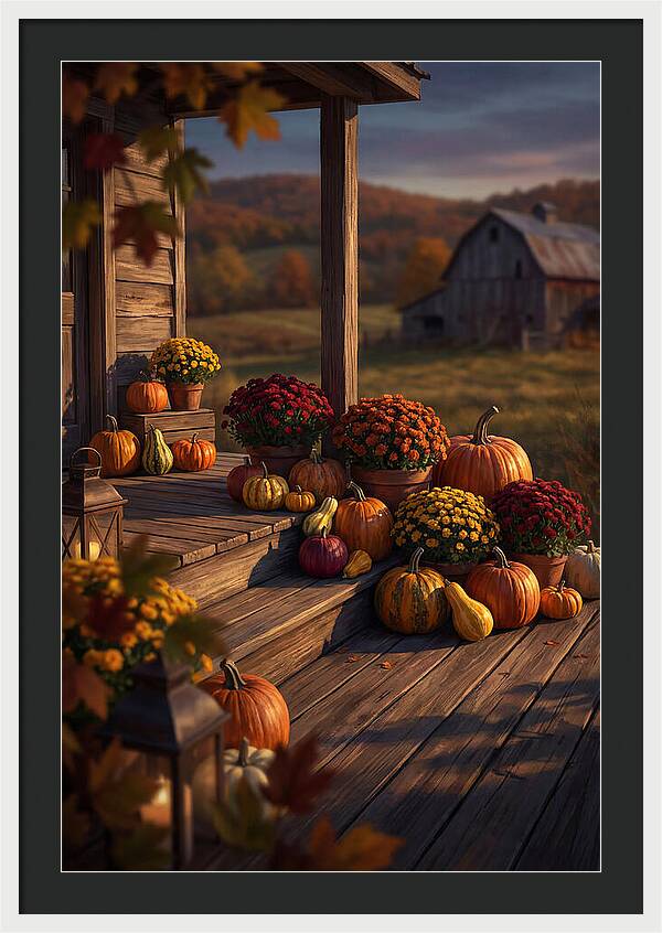 Autumn Pumpkin Display On Farmhouse