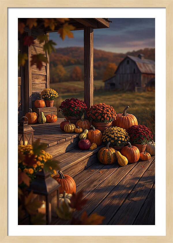 Autumn Pumpkin Display On Farmhouse