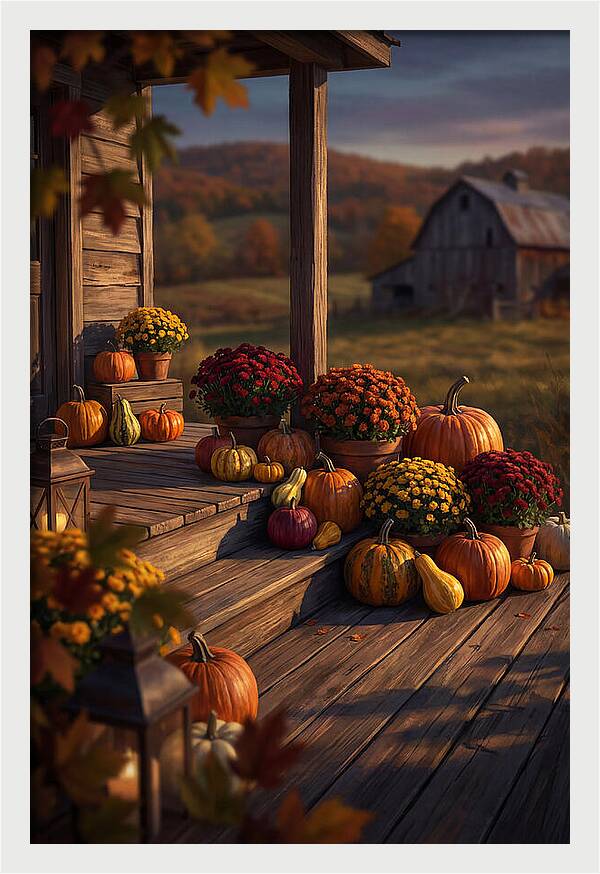 Autumn Pumpkin Display On Farmhouse