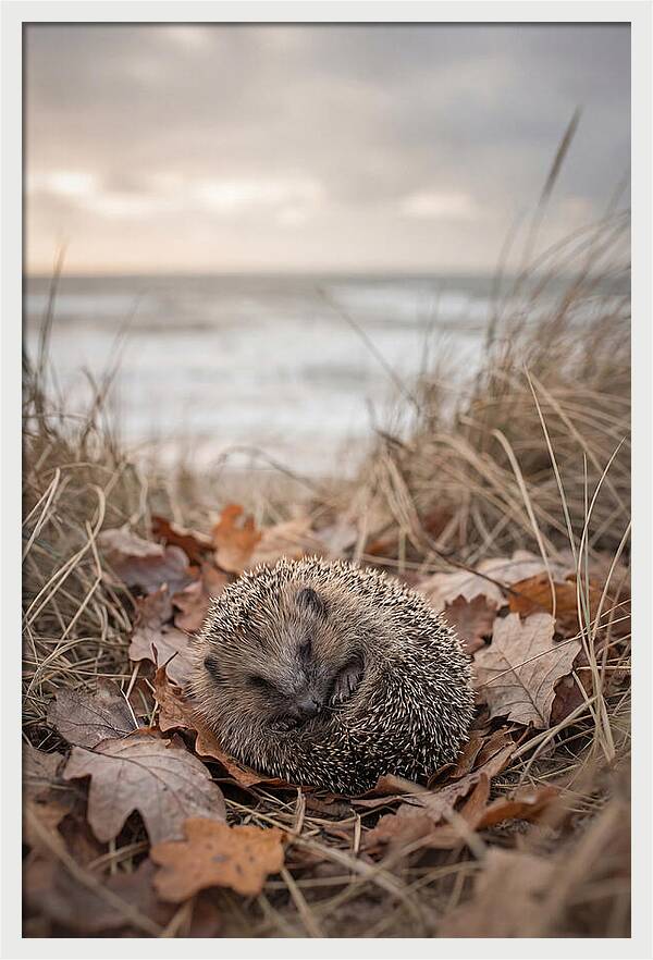 Baby Hedgehog Nestled In Leaves