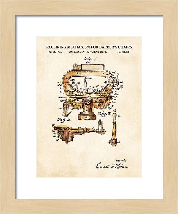 Barber's Chair Reclining Mechanism Watercolor Patent Us911135a