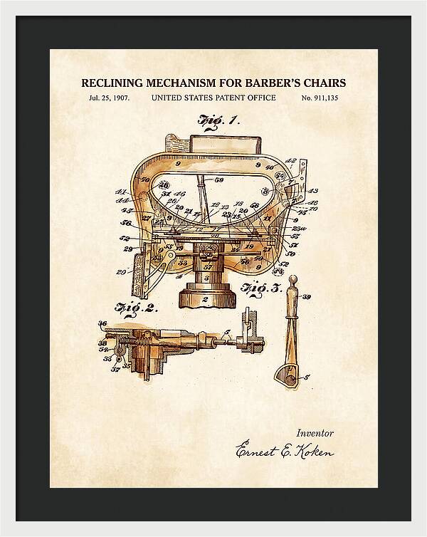Barber's Chair Reclining Mechanism Watercolor Patent Us911135a