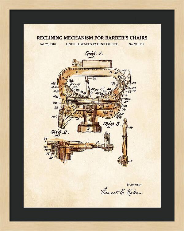 Barber's Chair Reclining Mechanism Watercolor Patent Us911135a