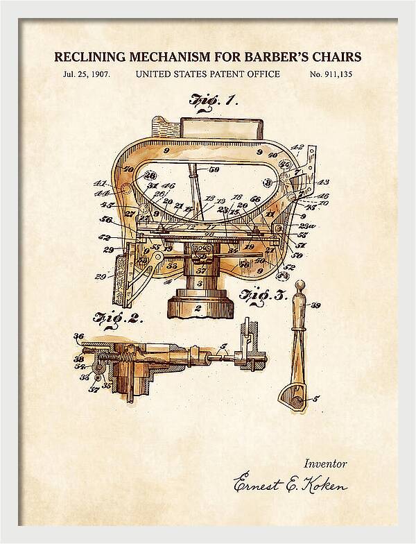 Barber's Chair Reclining Mechanism Watercolor Patent Us911135a